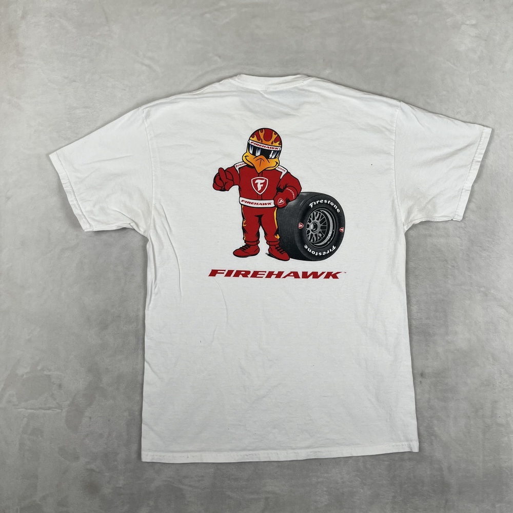 Vintage Firestone Firehawk T-Shirt Mens Large White Racing Mascot Graphic Tee